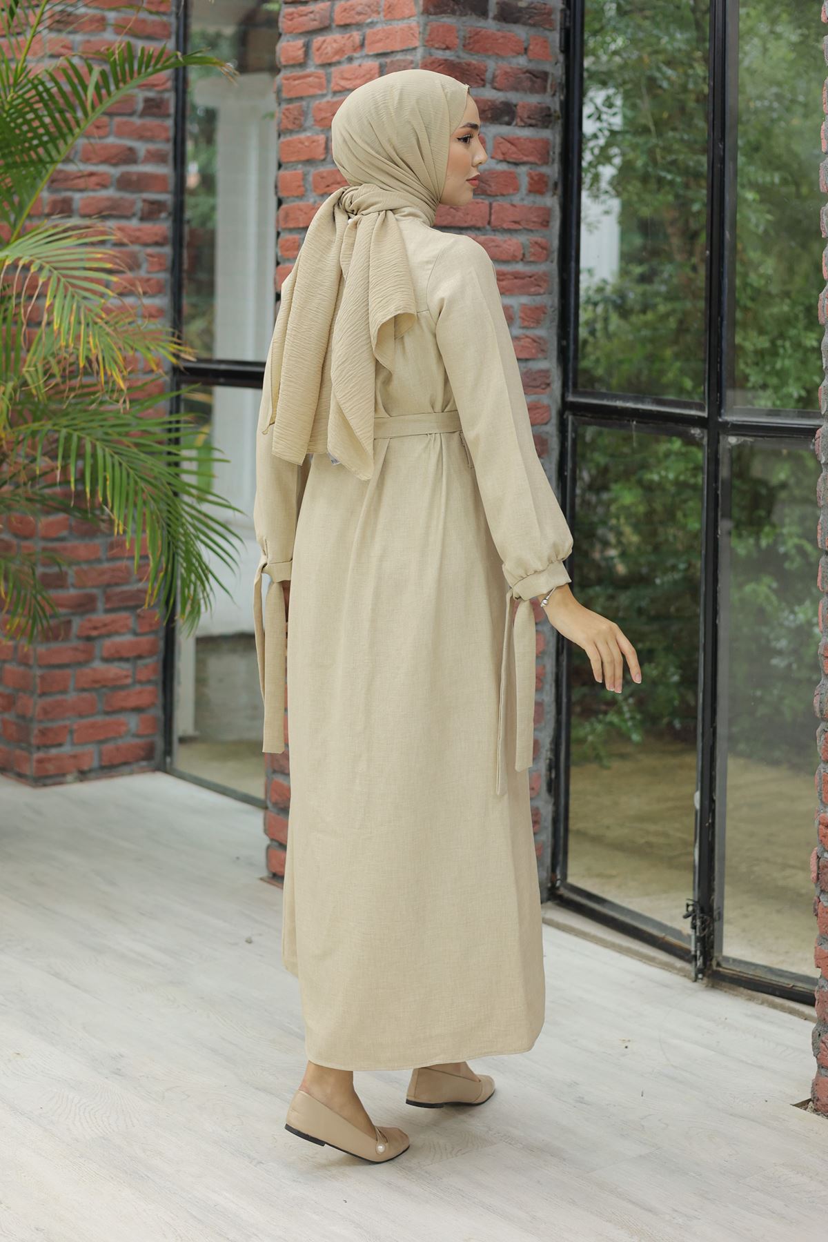 Linen Dress with Sleeve Ties Cream - 20346.1778.