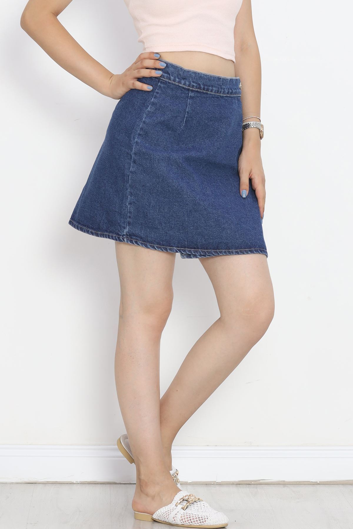 Denim Skirt with Slits Dark Blue - 18756.1184.