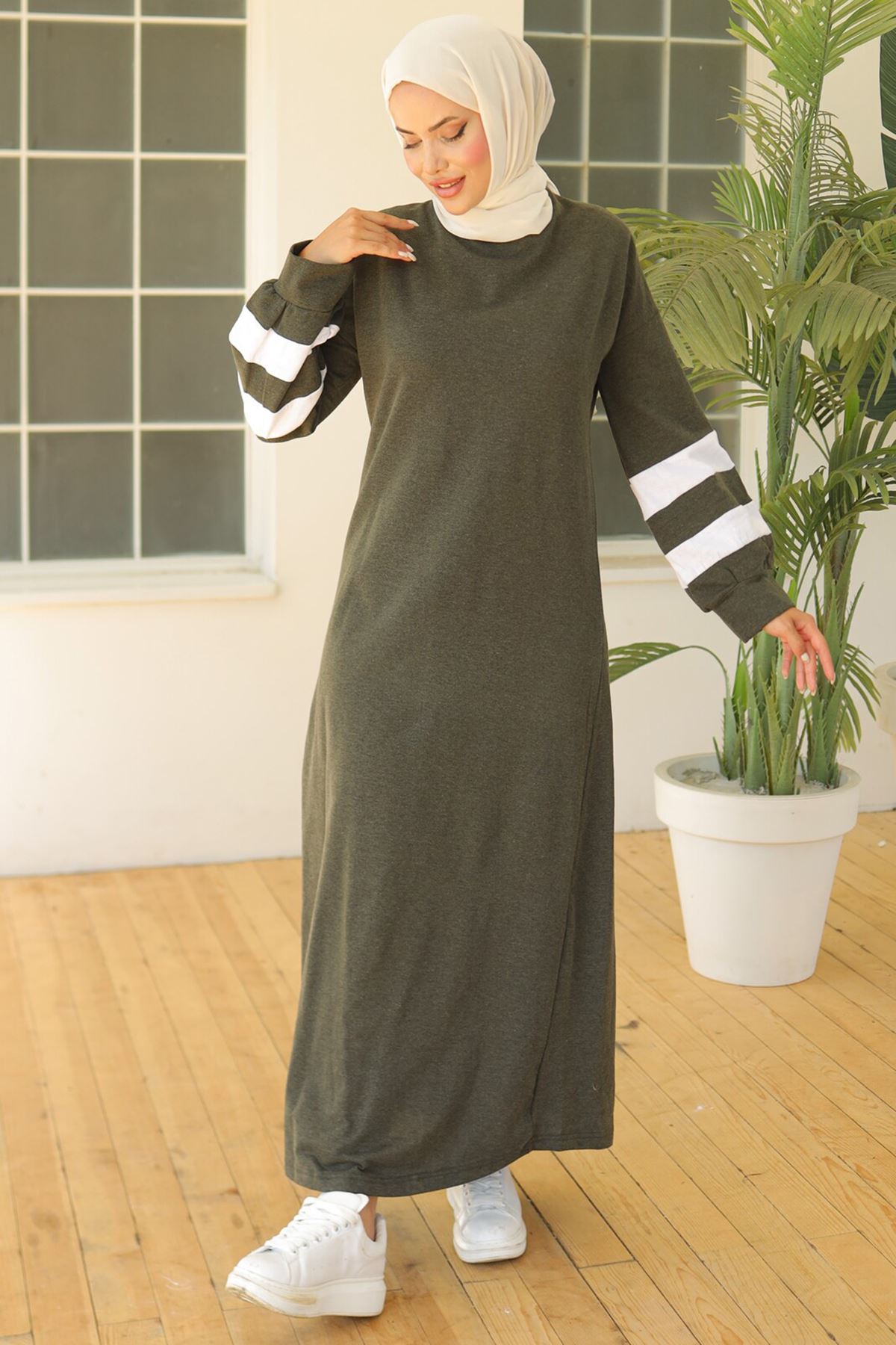 Two Thread Striped Balloon Sleeve Dress Khaki - 20345.1778.