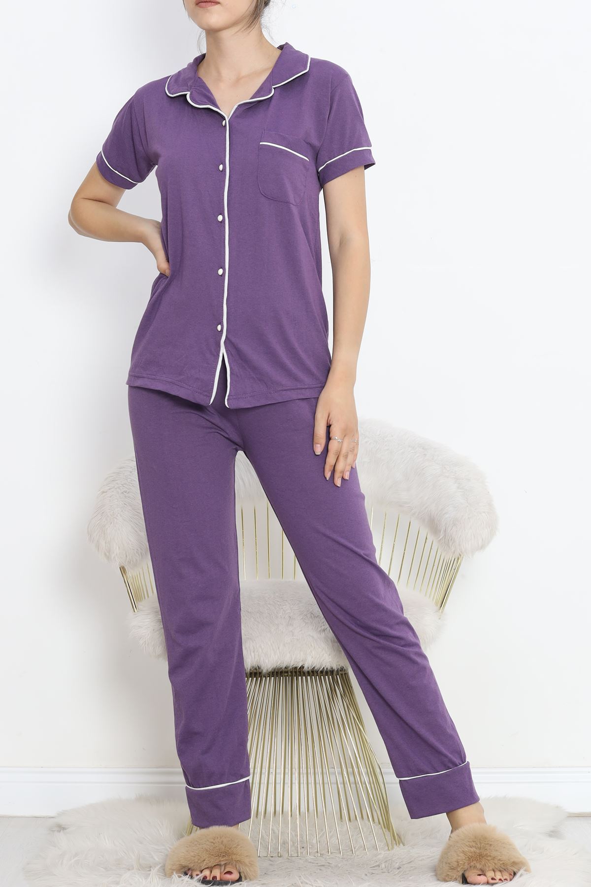 Pajama Set with Front Pocket Purple White - 11404.1048.