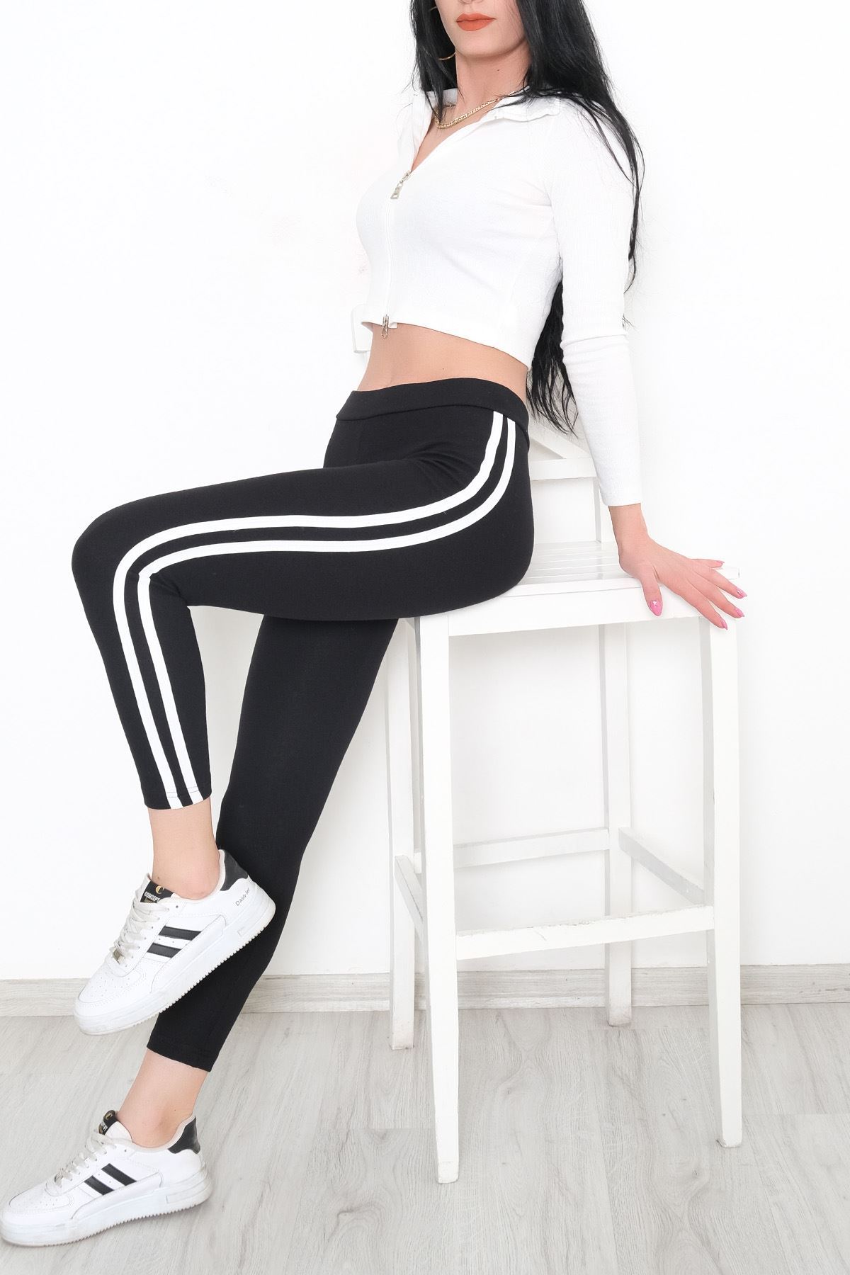 Double Stripe Ribbed Leggings Black and White - 9948.1567.