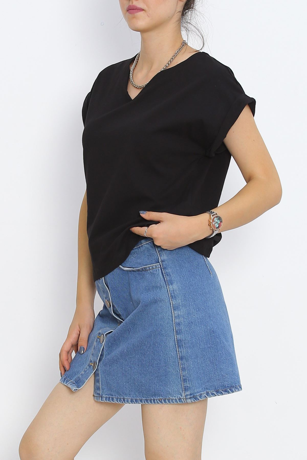 Pear Neck Double Sleeve T-Shirt Black - 15873.1567.