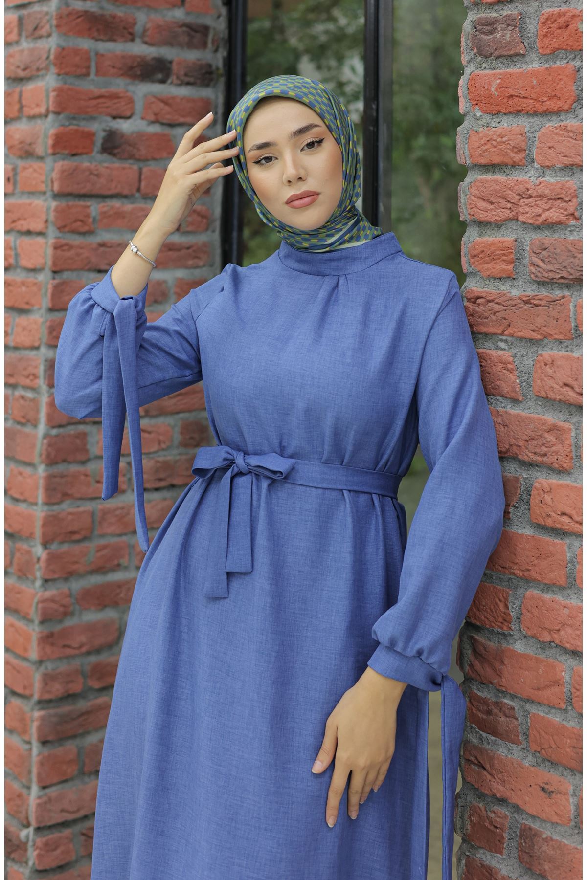 Linen Dress with Sleeve Ties Blue - 20346.1778.