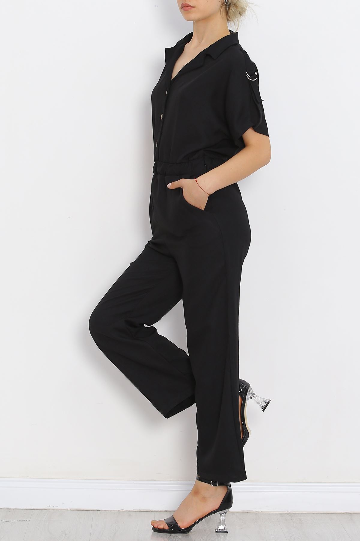 Double-breasted Collar Linen Jumpsuit Black - 16825.1778.