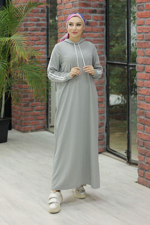 Hooded Stripe Detailed Dress Gray - 10005.1778.