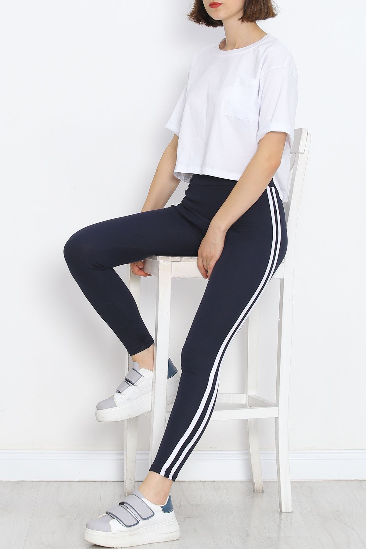 Double Stripe Ribbed Leggings Navy White - 9948.1567.