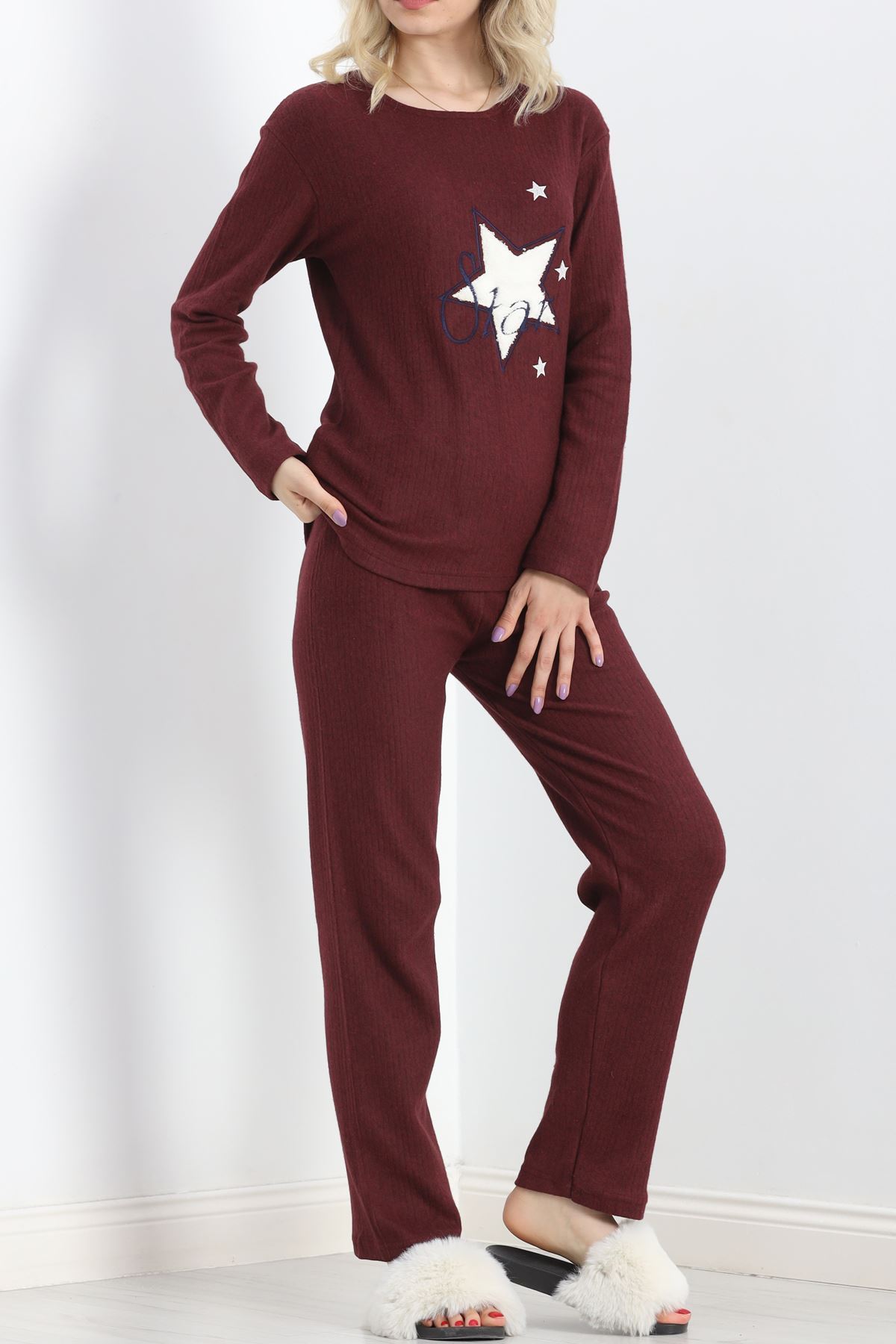 Nakışlı Fitilli Pijama Takımı Bordo1 - 19217.1048.