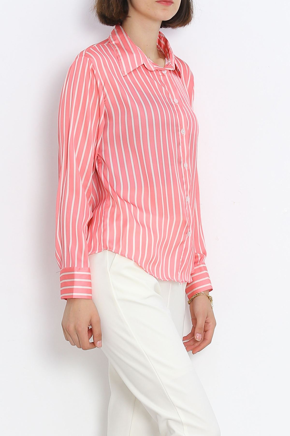 Striped Satin Shirt Pink-White - 18889.1247.