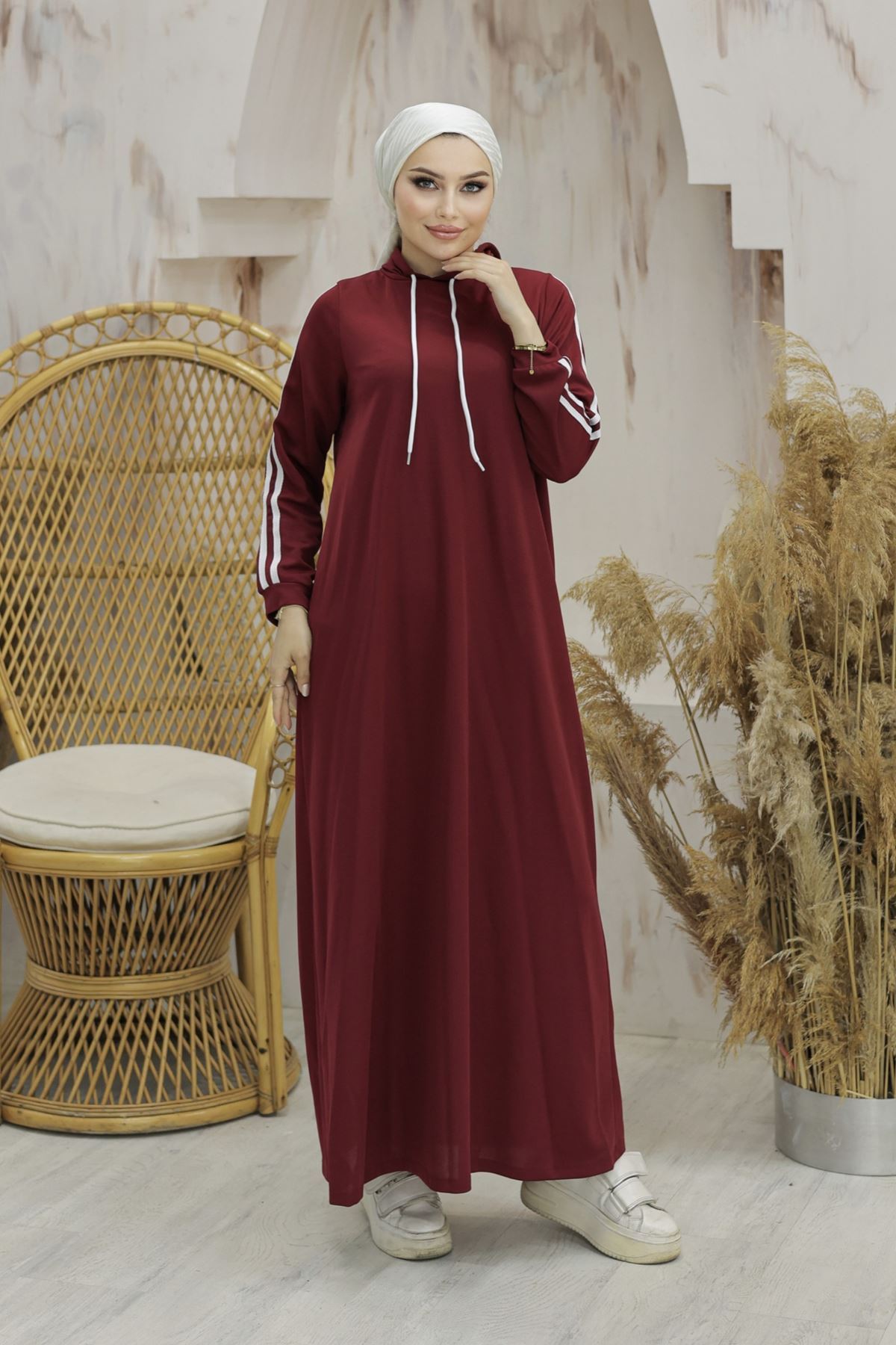 Hooded Stripe Detailed Dress Burgundy - 10005.1778.