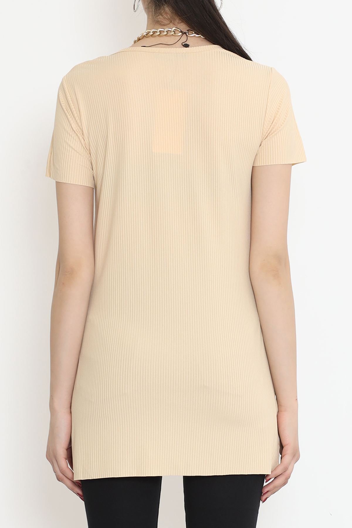 V-Neck T-Shirt with Slits Beige - 1998.555.