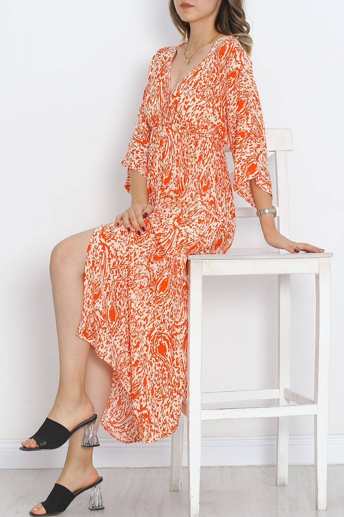 Double-breasted Collar Patterned Dress Orange - 707.1247.