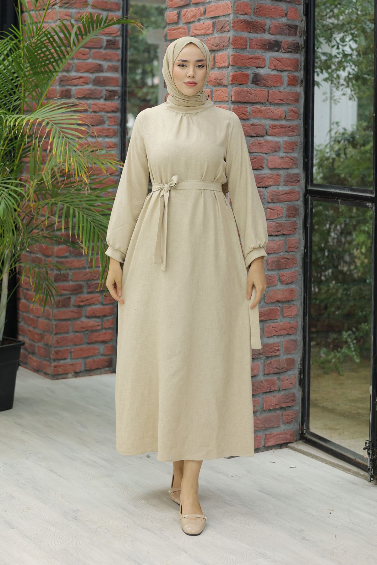 Linen Dress with Sleeve Ties Cream - 20346.1778.