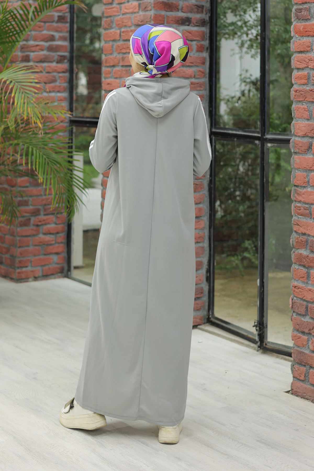 Hooded Stripe Detailed Dress Gray - 10005.1778.