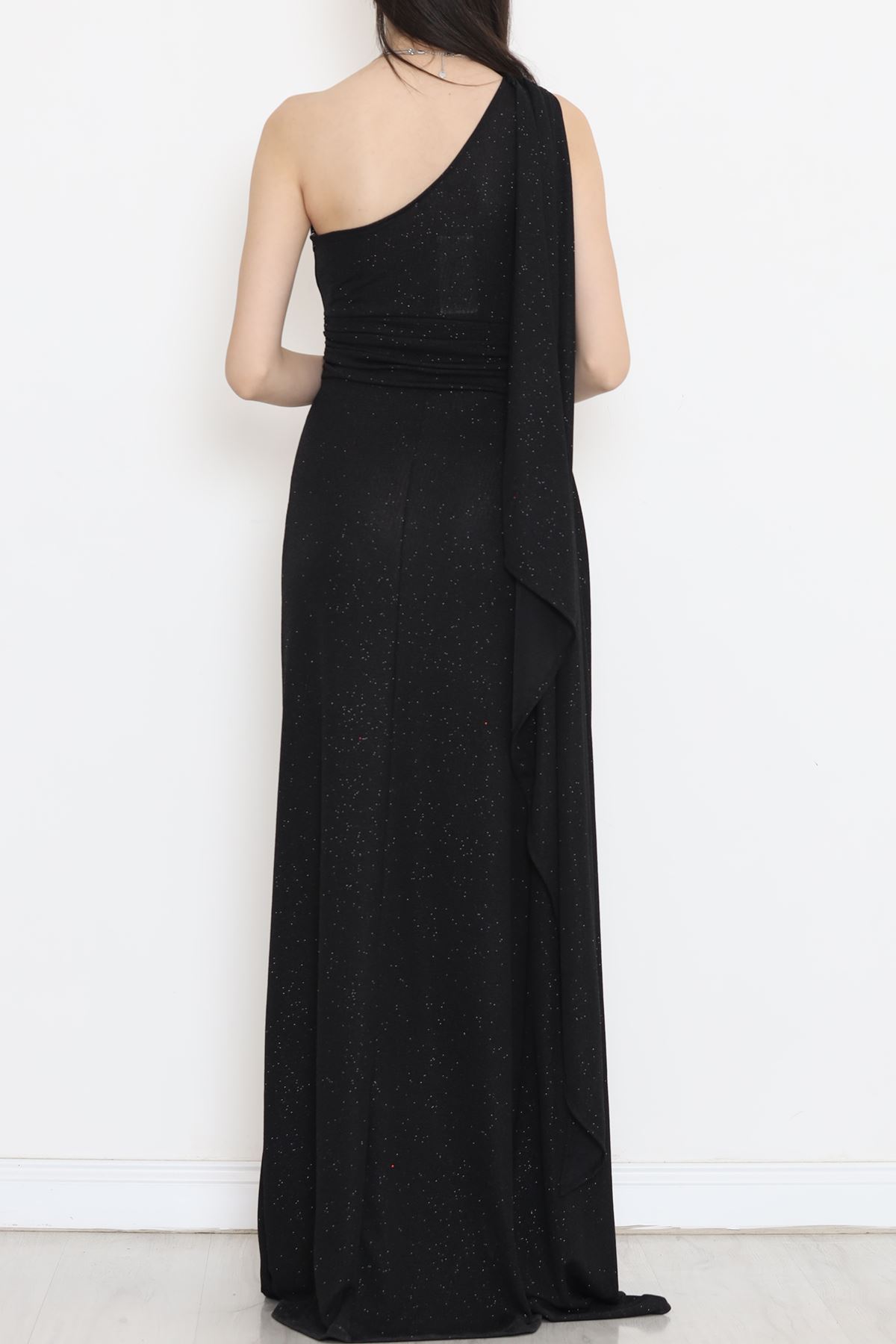 Silvery Crepe Draped Evening Dress Black - 582399.1592.