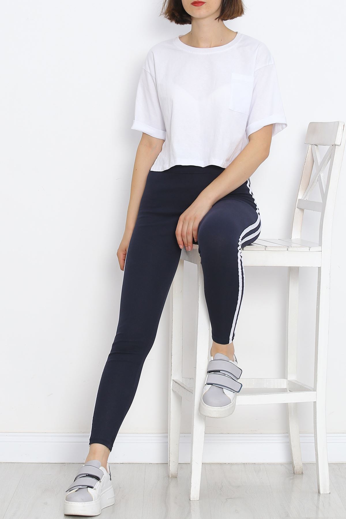 Double Stripe Ribbed Leggings Navy White - 9948.1567.