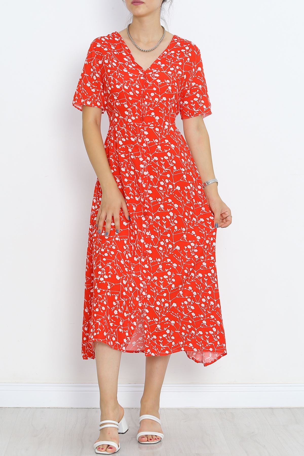 Buttoned Belted Dress Red and White - 716.1247.