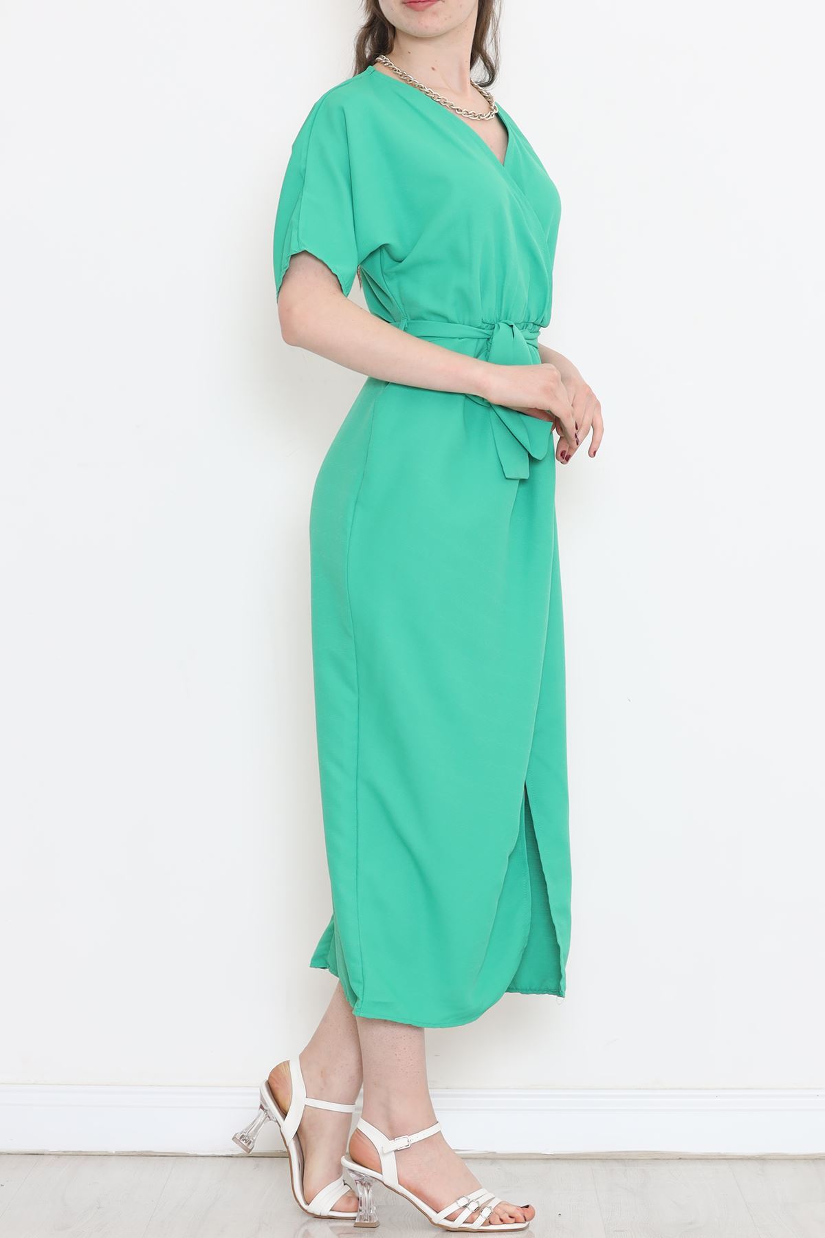 Double-breasted Collar Belted Dress Green - 152445.701.