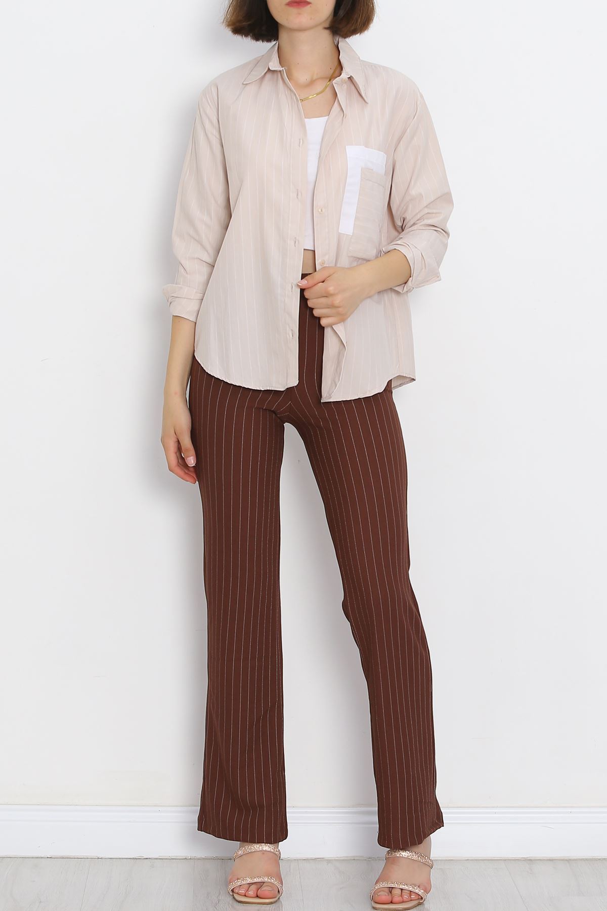 Pocket Detail Striped Shirt Beige - 18958.1247.