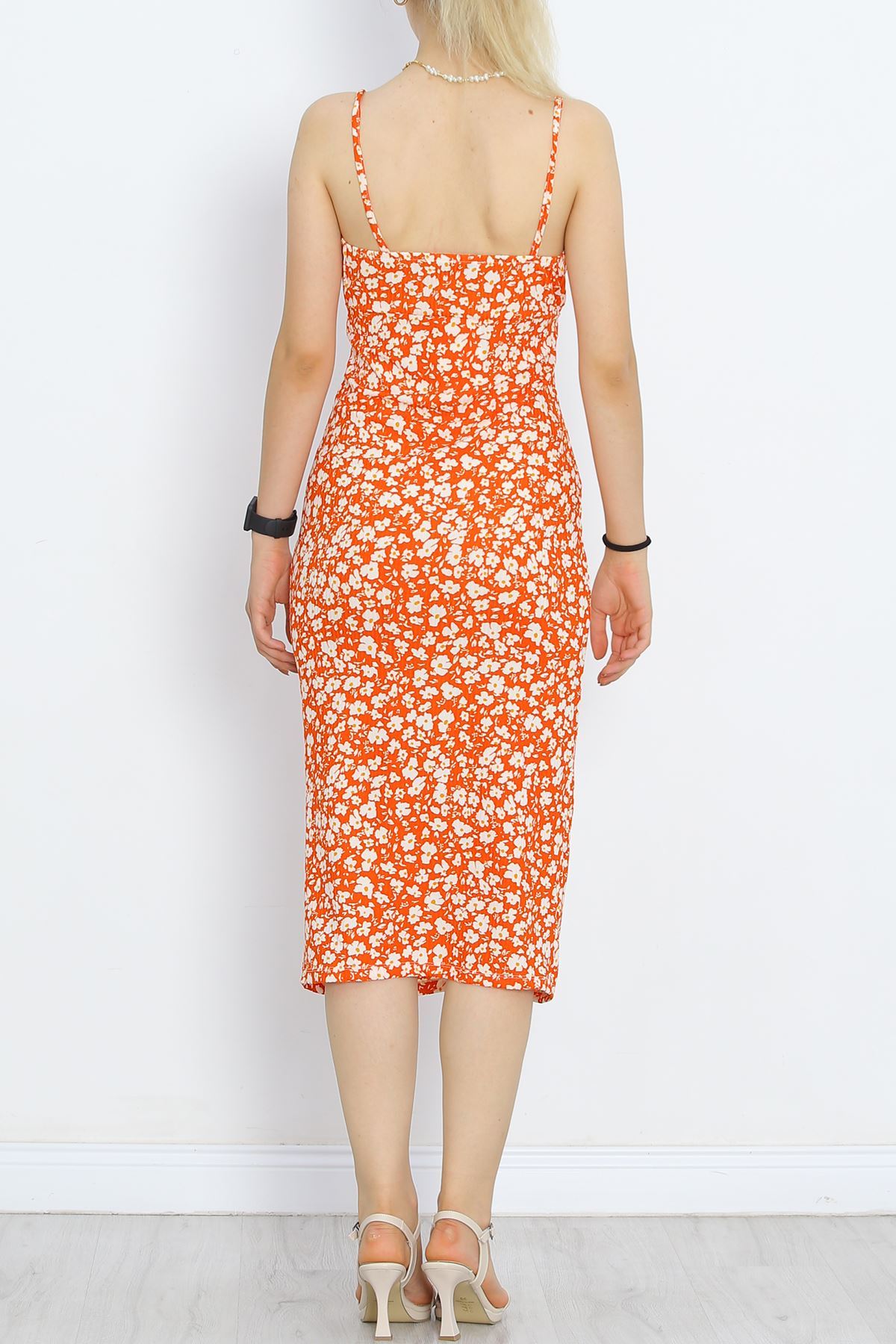 Strappy Patterned Dress Orange-White - 650.1247.