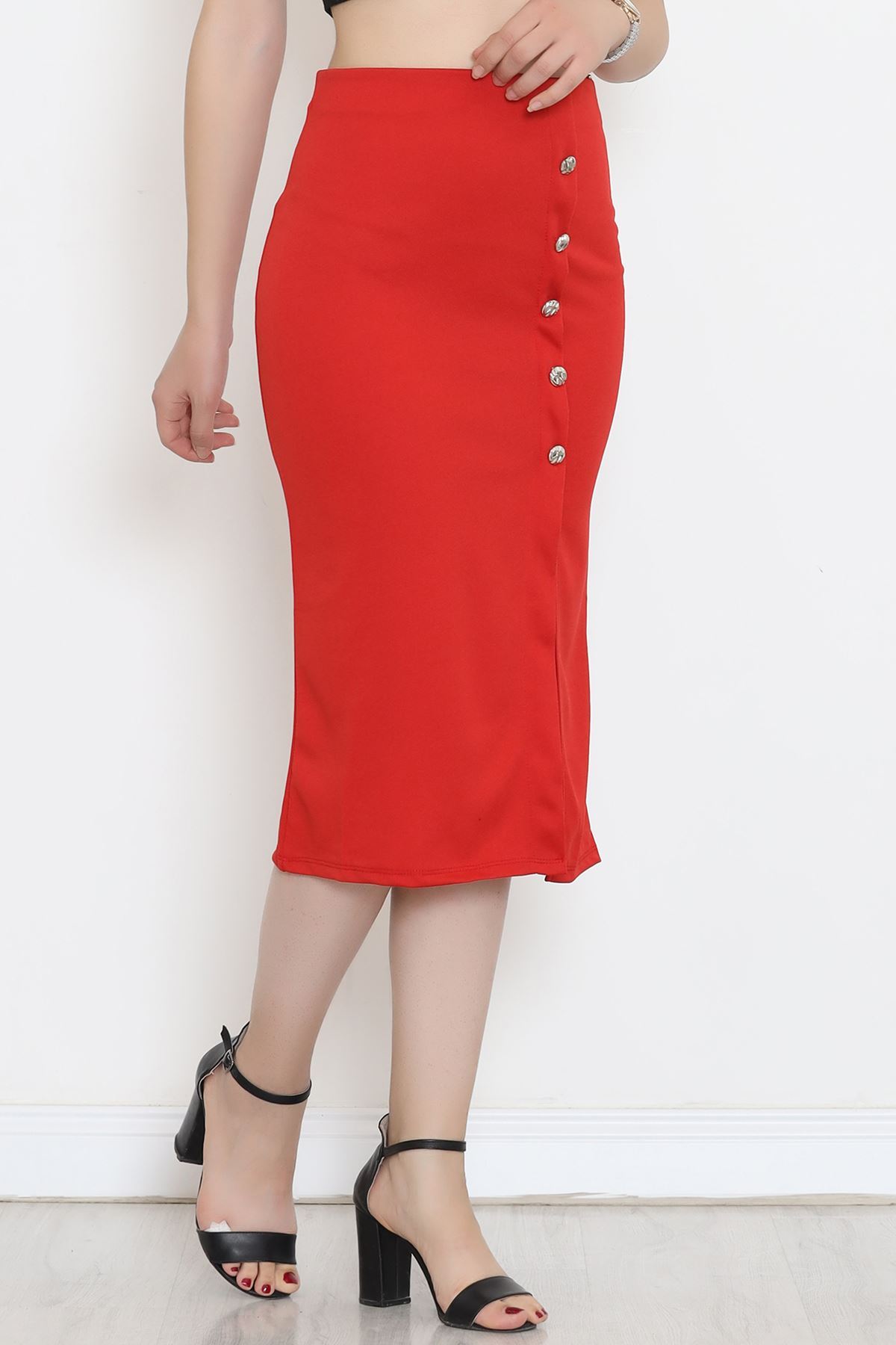 Buttoned Slit Skirt Red - 12598.631.