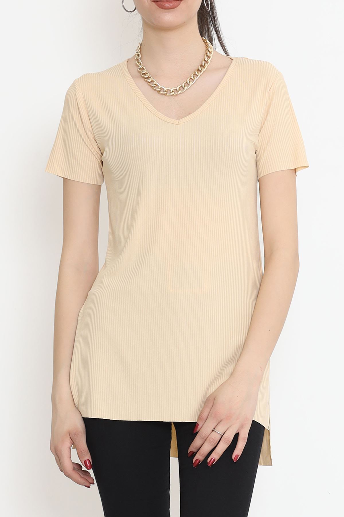 V-Neck T-Shirt with Slits Beige - 1998.555.