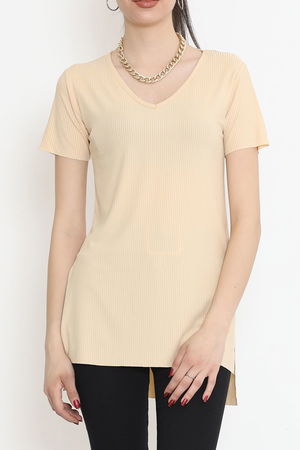 V-Neck T-Shirt with Slits Beige - 1998.555.