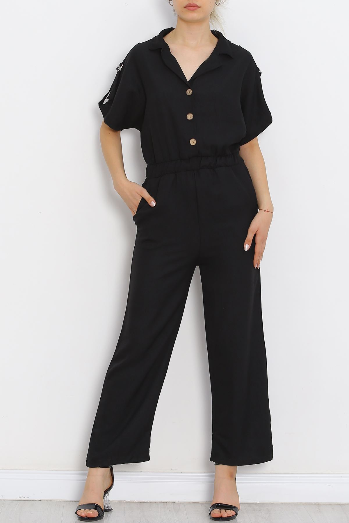 Double-breasted Collar Linen Jumpsuit Black - 16825.1778.