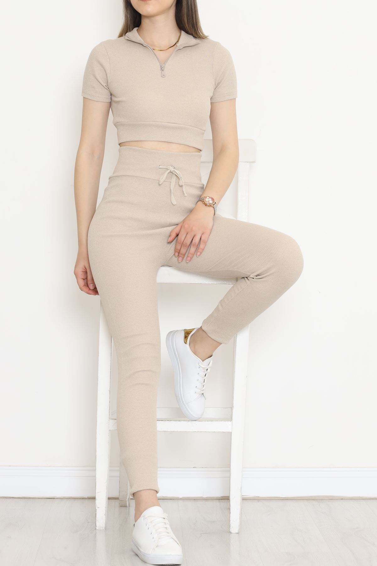 Camisole Zippered Short Sleeve Set Beige - 18517.1567.