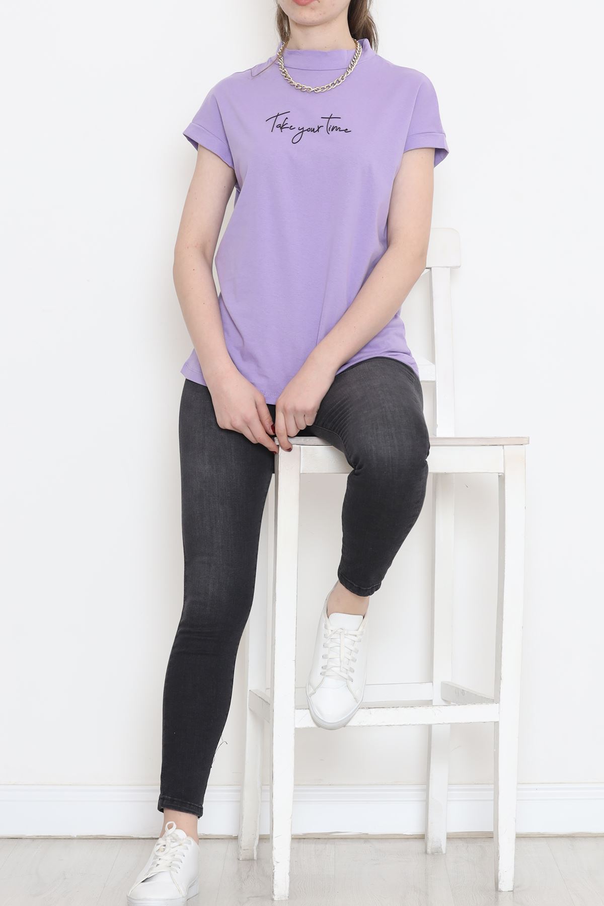 Single Jersey Printed Half Collar T-Shirt Lilac - 4114.1567.