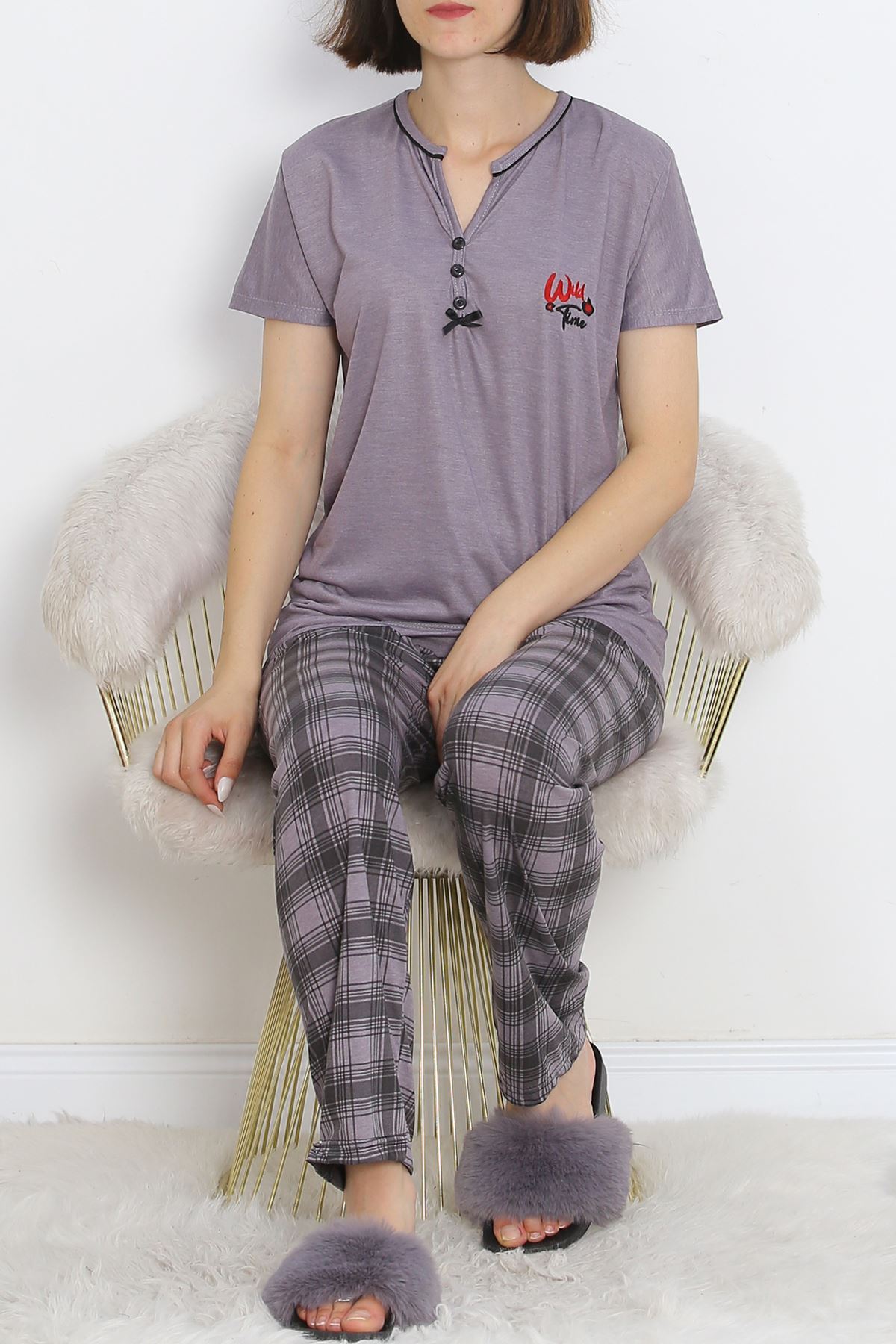 Short Sleeve Pajama Set Mink with Pear Collar and Intermediate Piping - 705.1287.