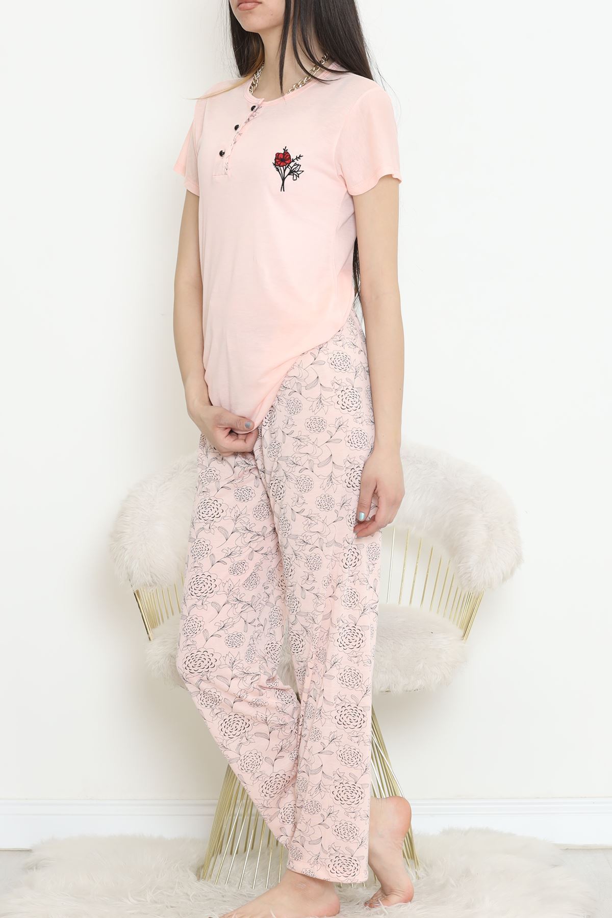 Button Pajama Set Açıksomon - 704.1287.