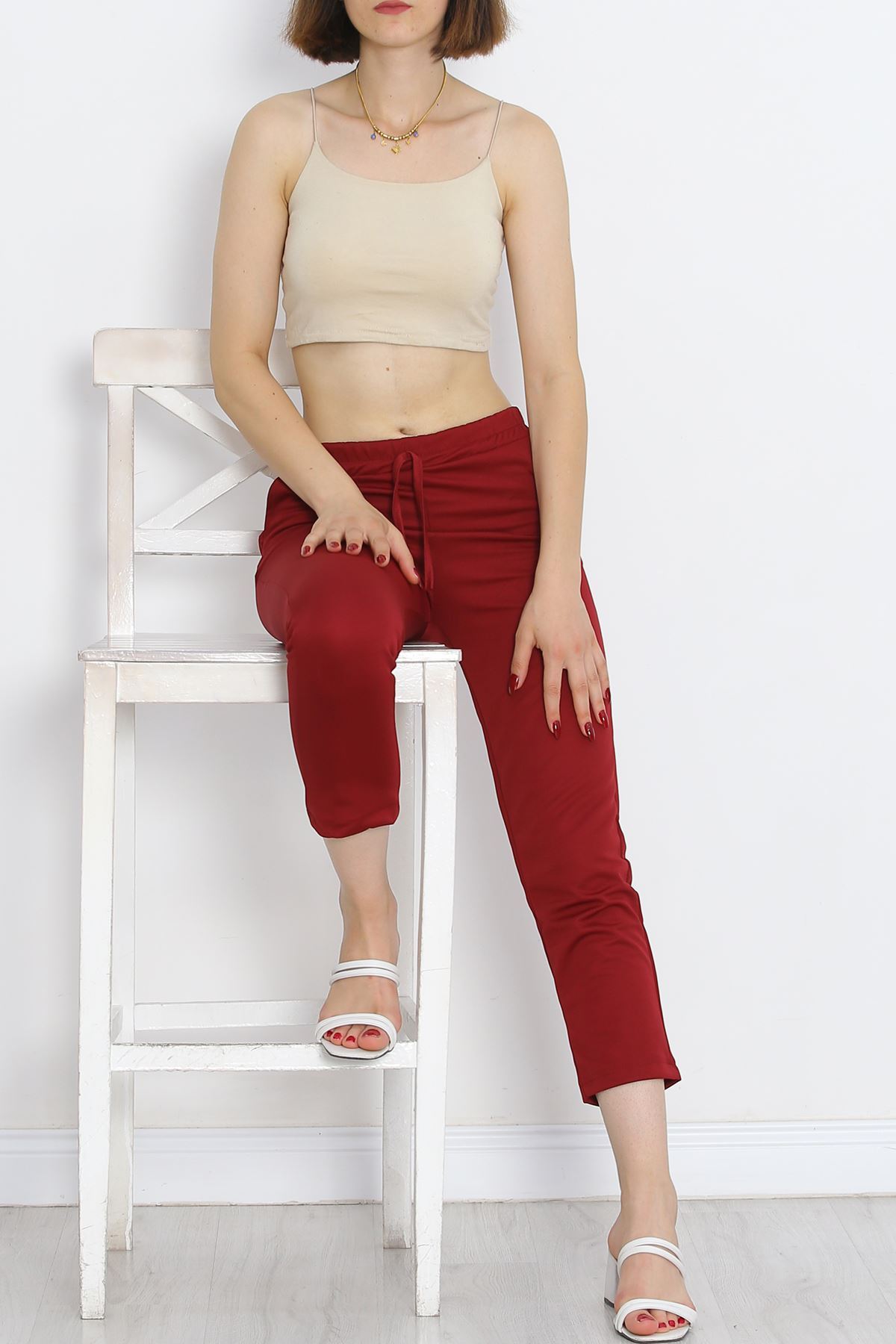 Crepe Lace-up Detailed Pants Burgundy - 152429.1778.