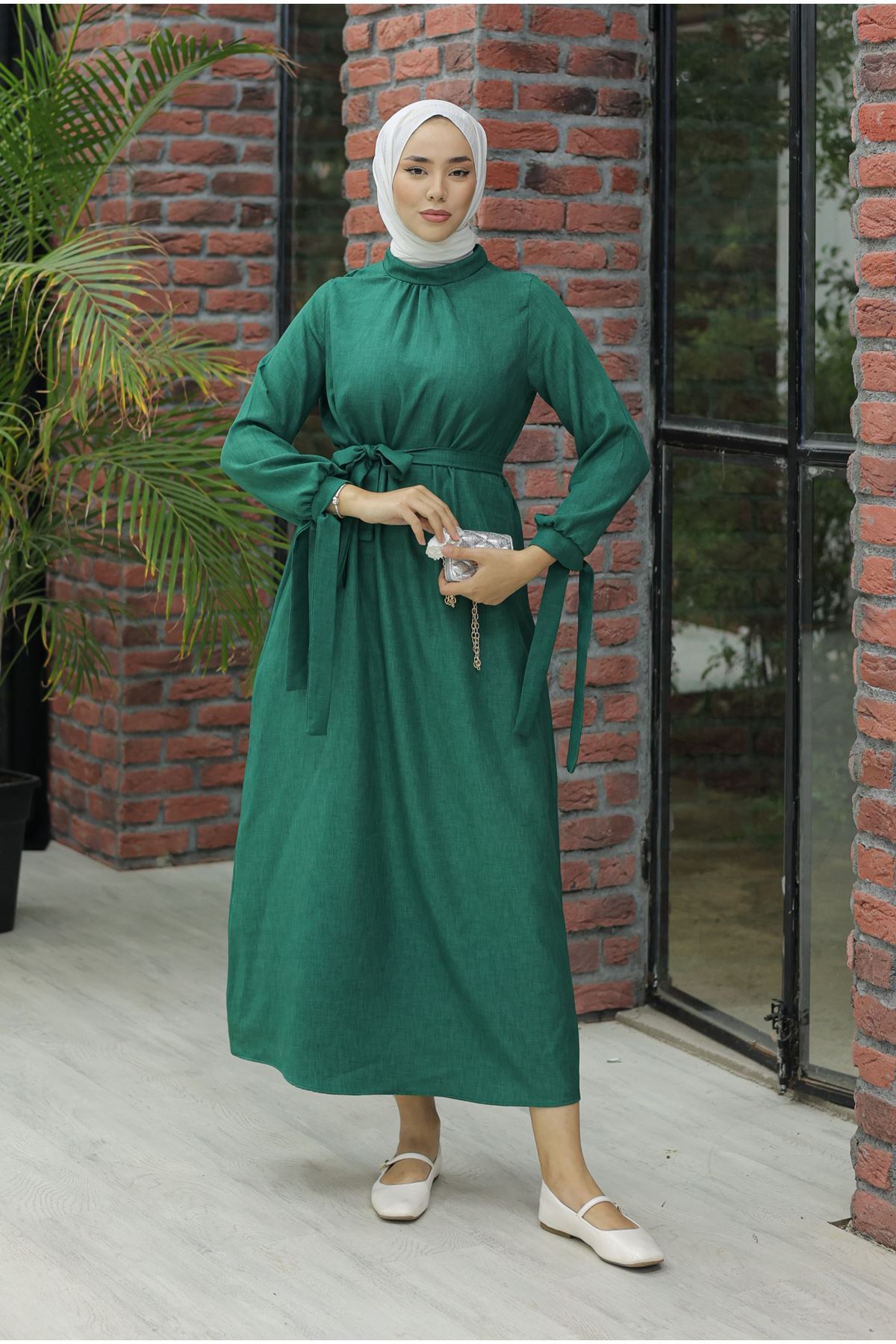 Linen Dress with Sleeve Ties Green - 20346.1778.