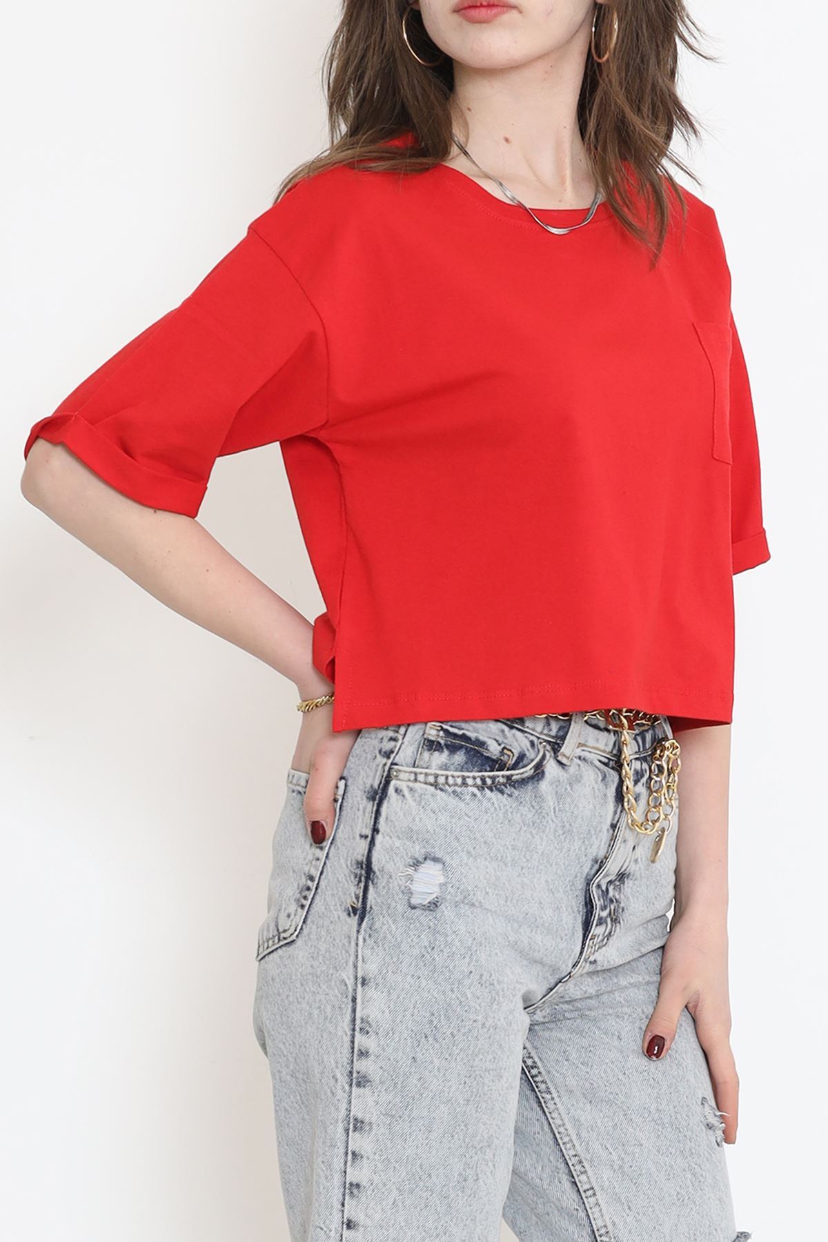 Crew Neck T-shirt with Pockets Red - 16563.1567.