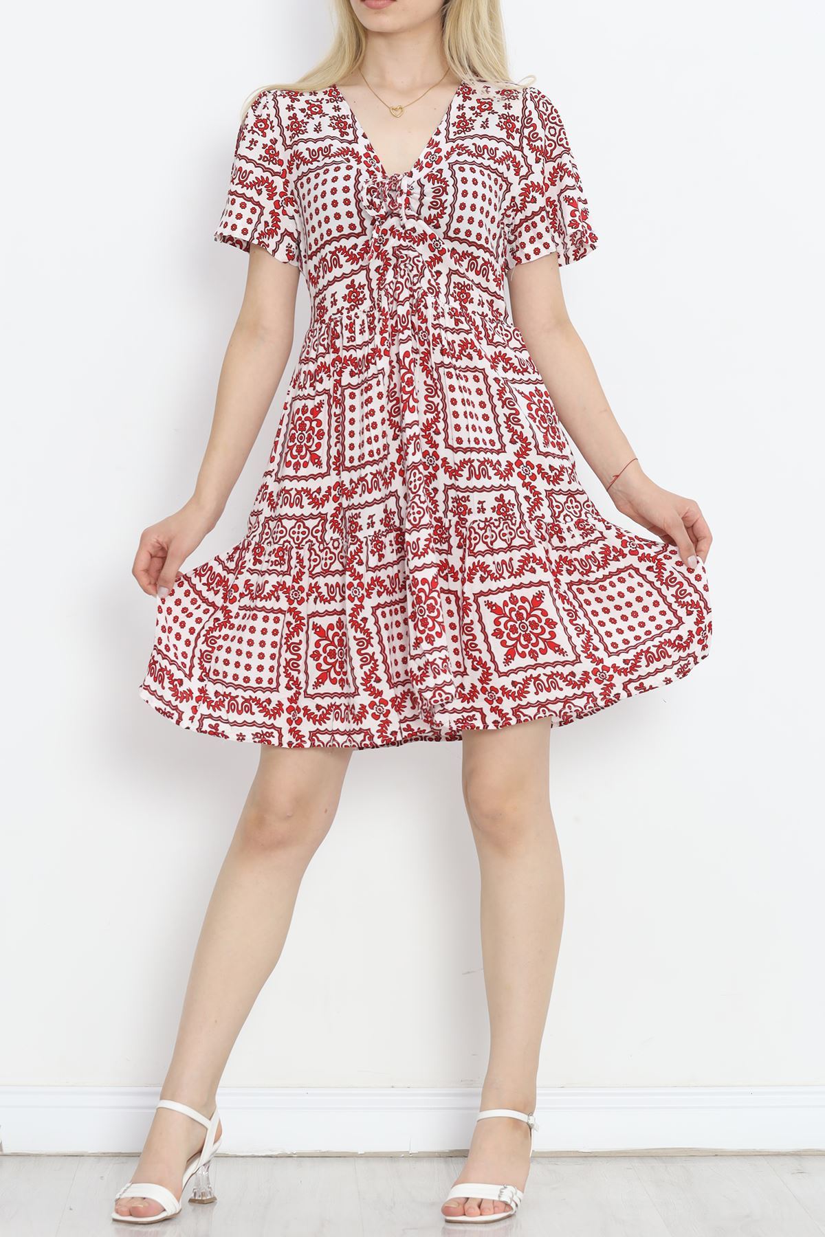 Shirred Front Dress White-Red - 152478.701.