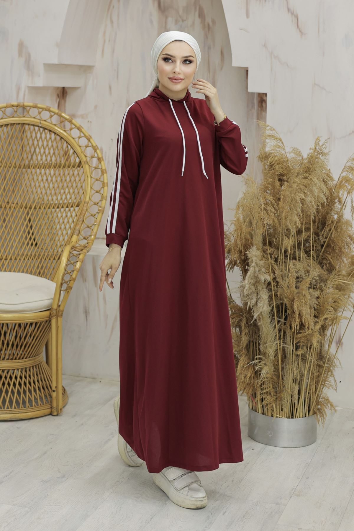 Hooded Stripe Detailed Dress Burgundy - 10005.1778.