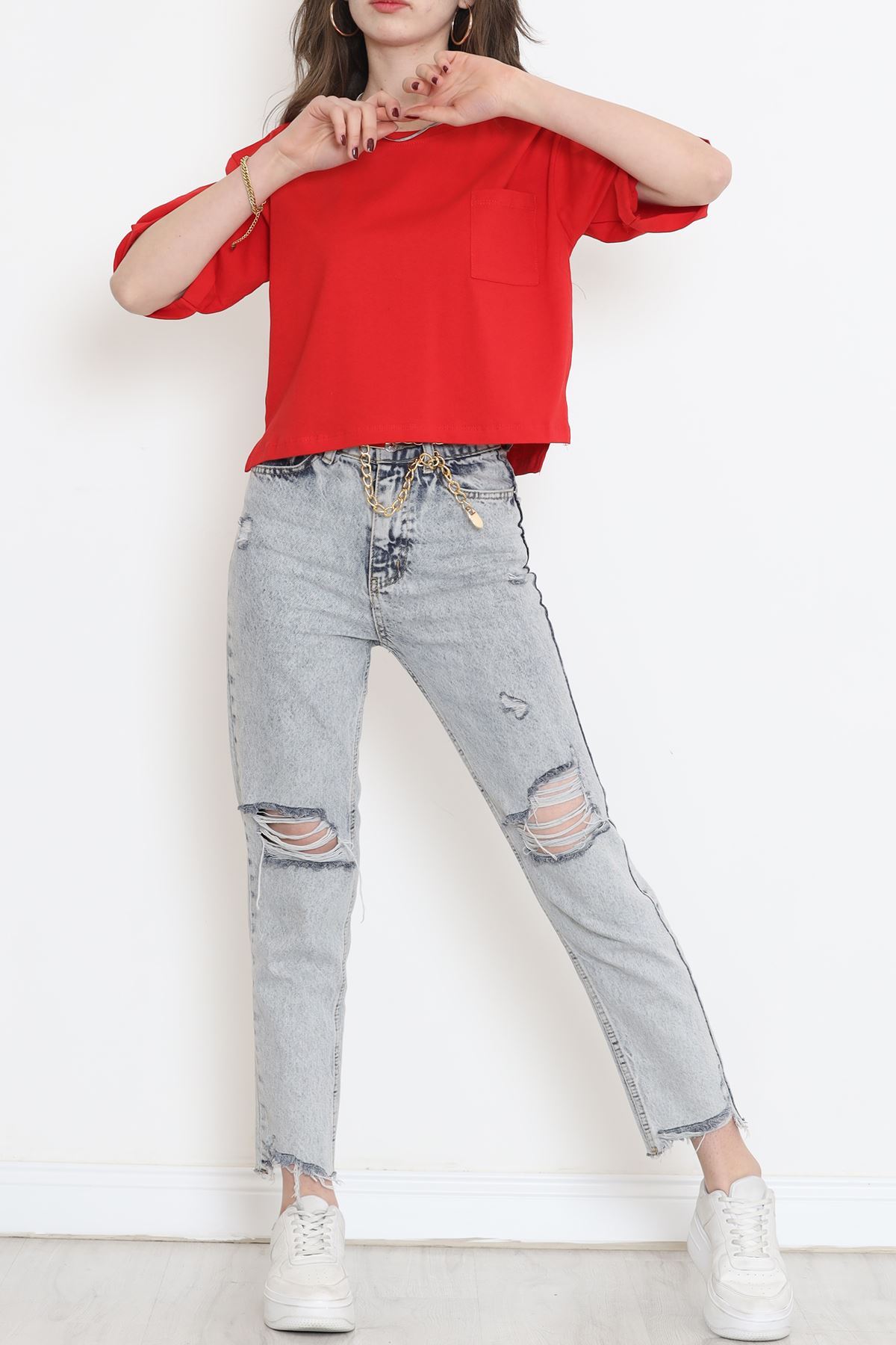 Crew Neck T-shirt with Pockets Red - 16563.1567.