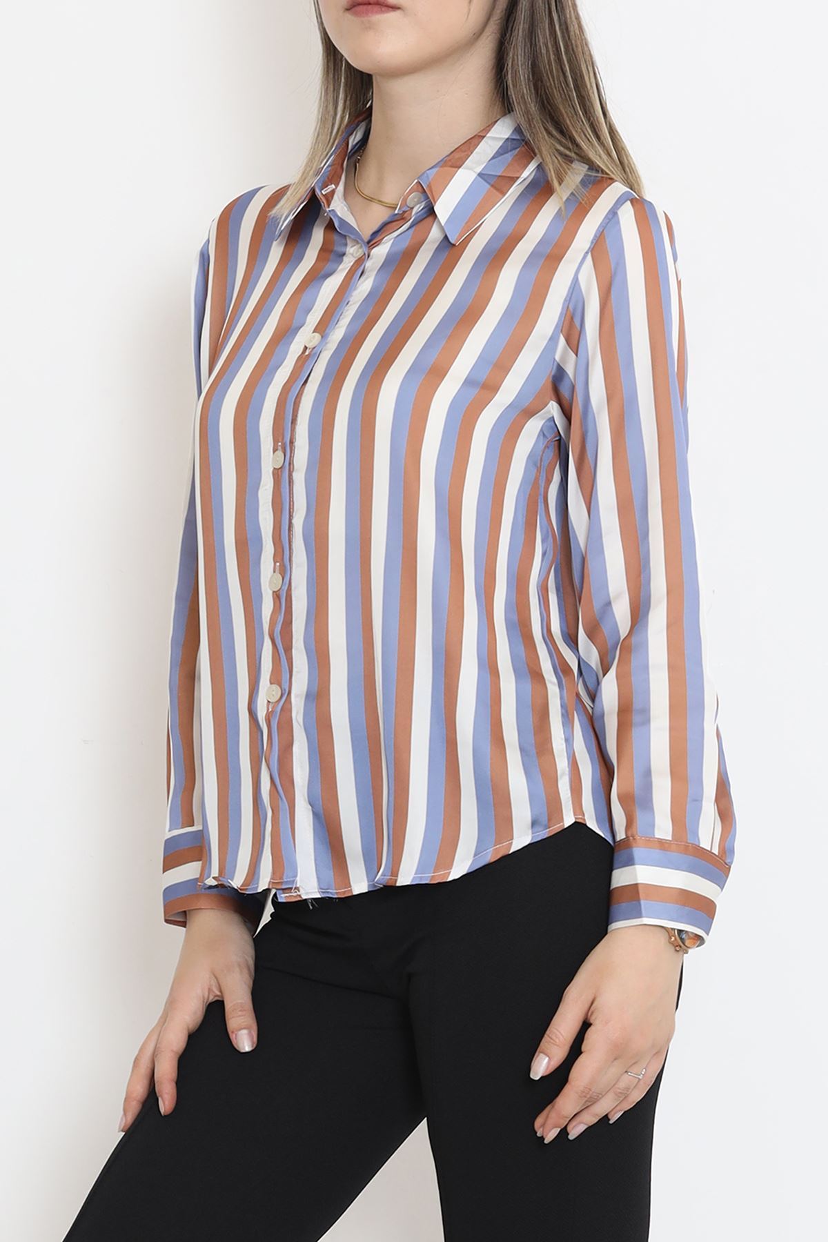 Striped Satin Shirt Blue-Brown - 909.1247.