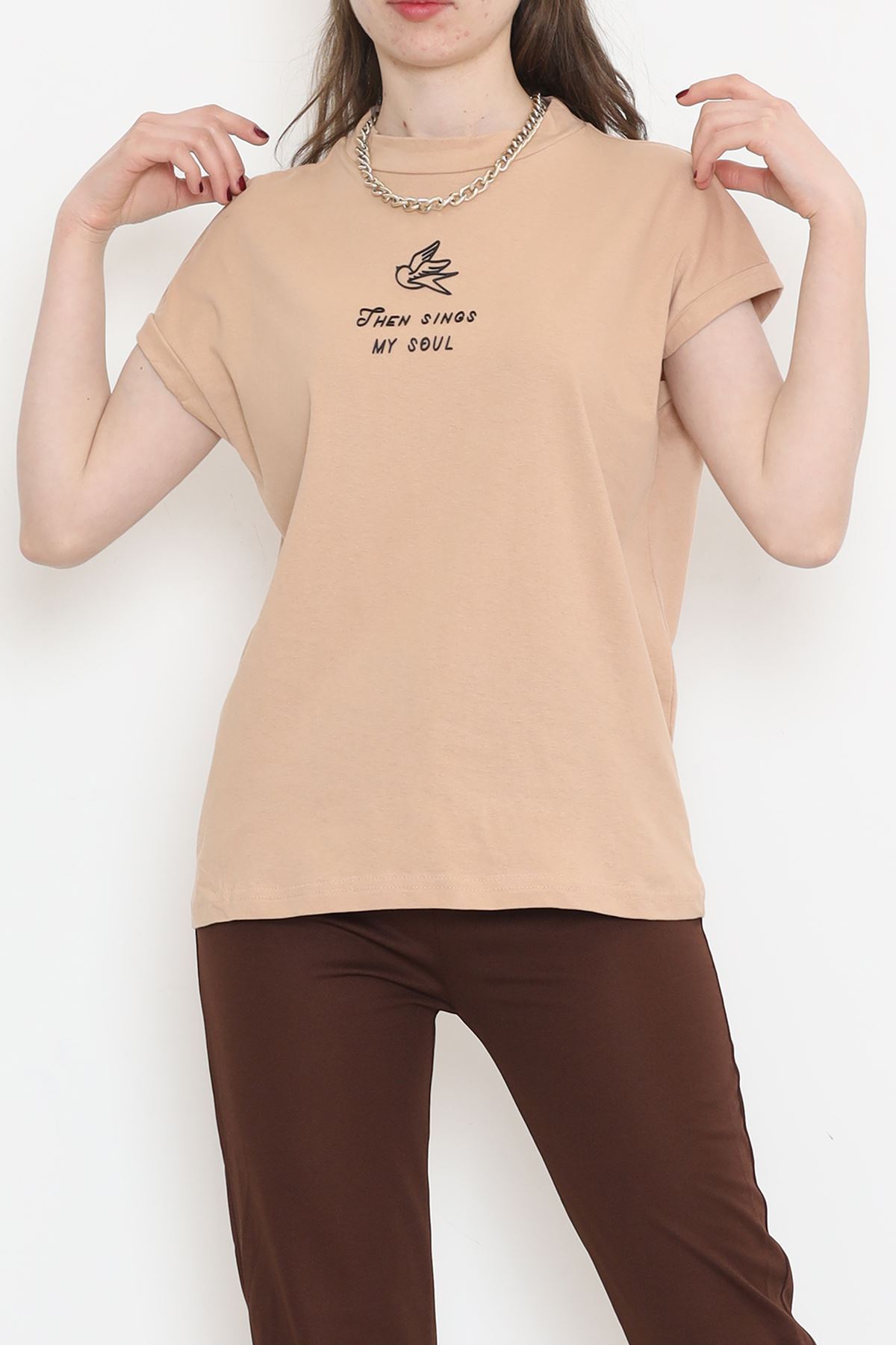 Single Jersey Printed Half Collar T-Shirt Beige - 4113.1567.