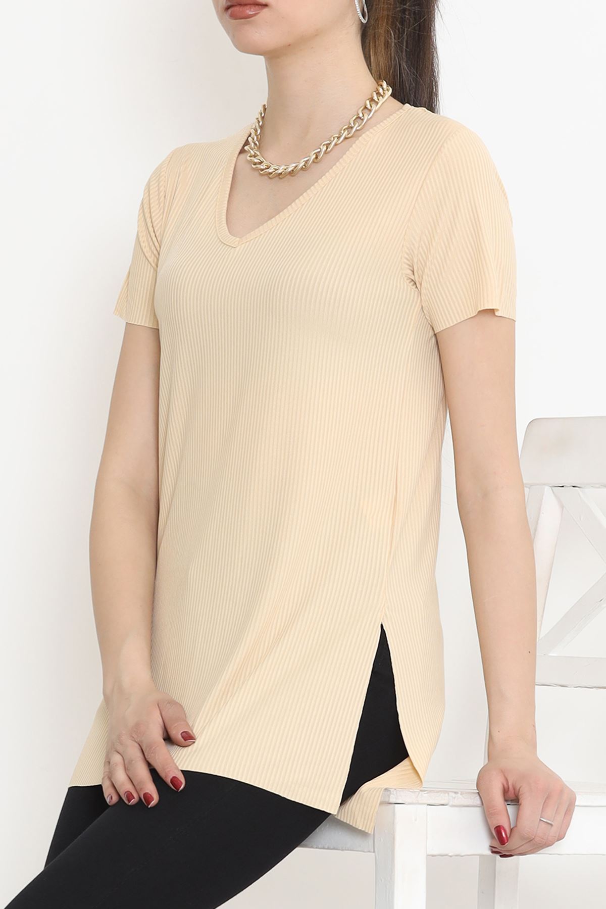 V-Neck T-Shirt with Slits Beige - 1998.555.