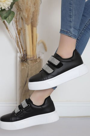 Double Band Stone Detailed Sneakers Black and White - 18217.264.