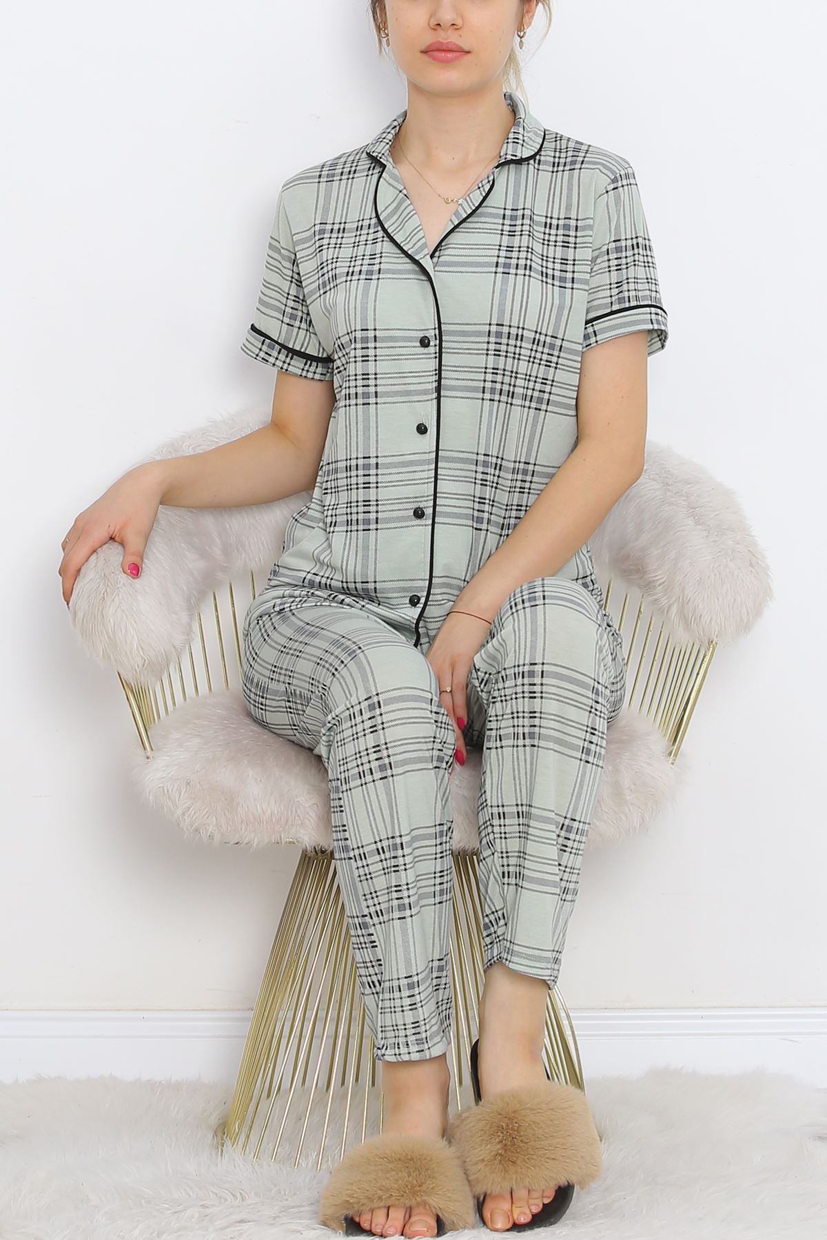 Polyviscose Interlock Short Sleeve Pajama Set Mintsiyah - 927.1287.