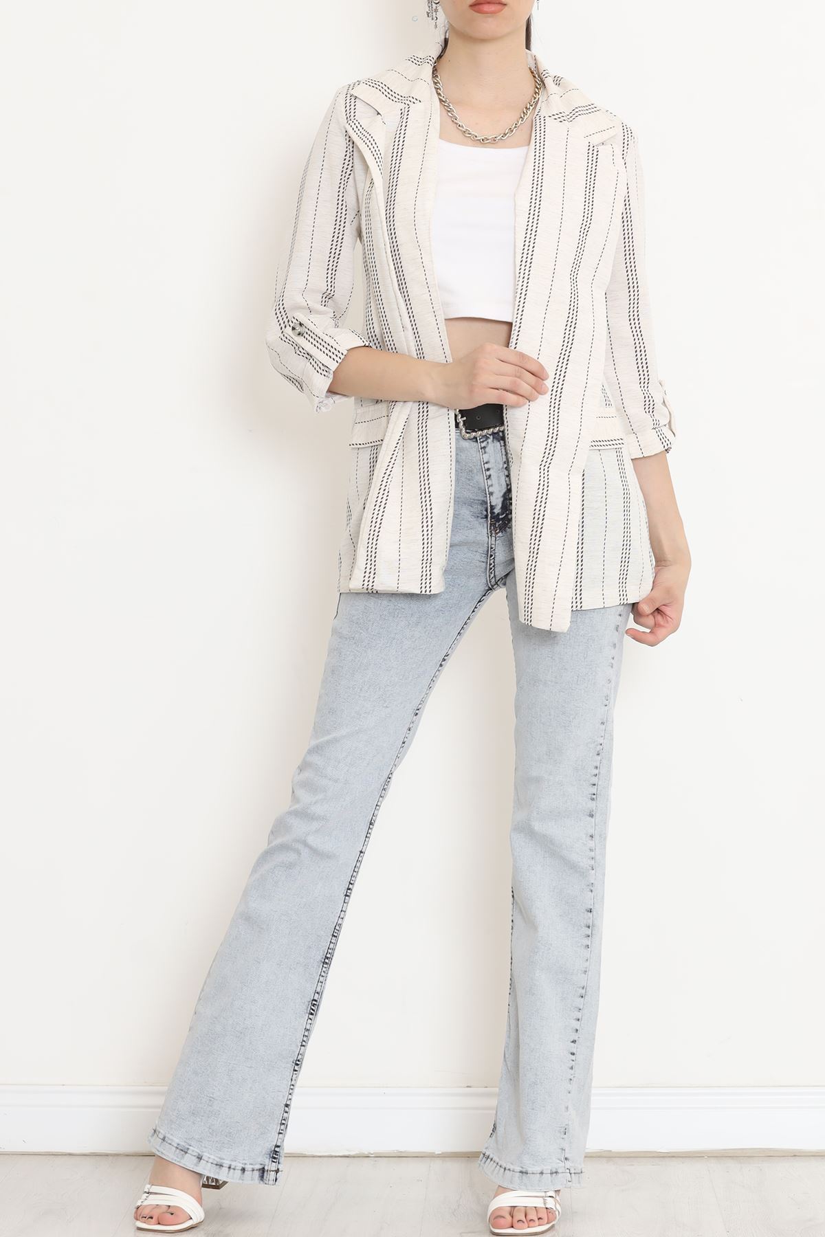 Linen Striped Jacket Ekrukahve - 1024.1247.