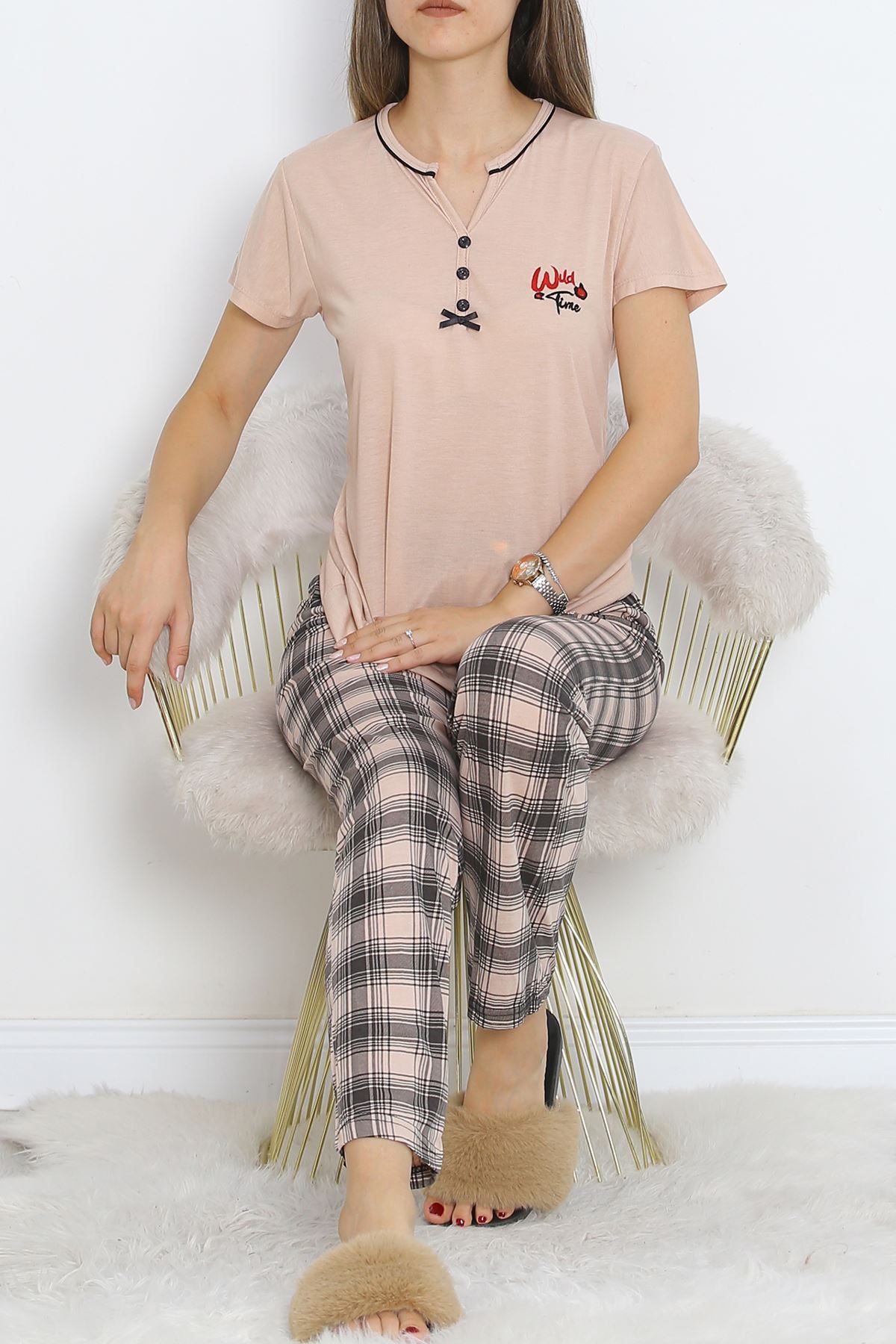 Pear Collar Short Sleeve Pajama Set with Interlocking Piping Salmon - 705.1287.