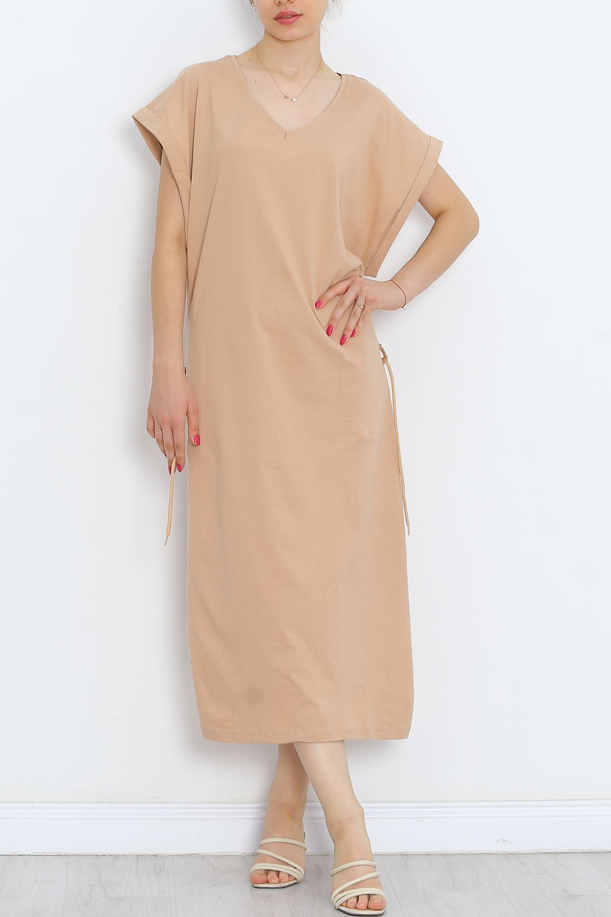 V Neck Single Jersey Dress Sütlükahve - 15864.1567.