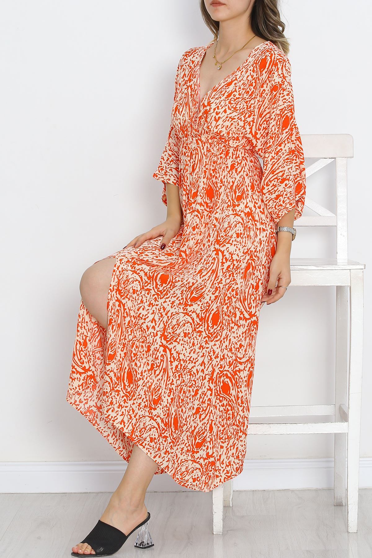 Double-breasted Collar Patterned Dress Orange - 707.1247.