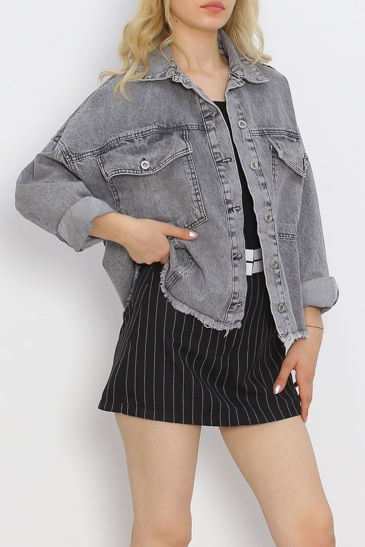 Fringed Crop Jeans Jacket Anthracite - 20388.1778.