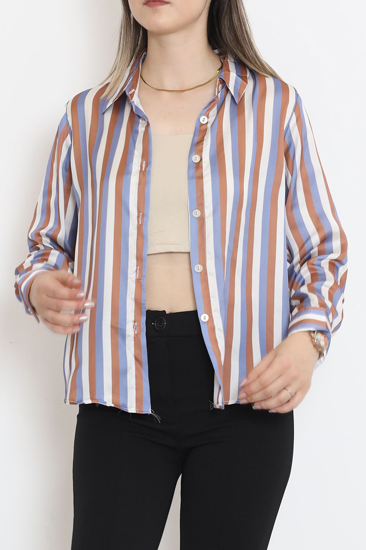 Striped Satin Shirt Blue-Brown - 909.1247.