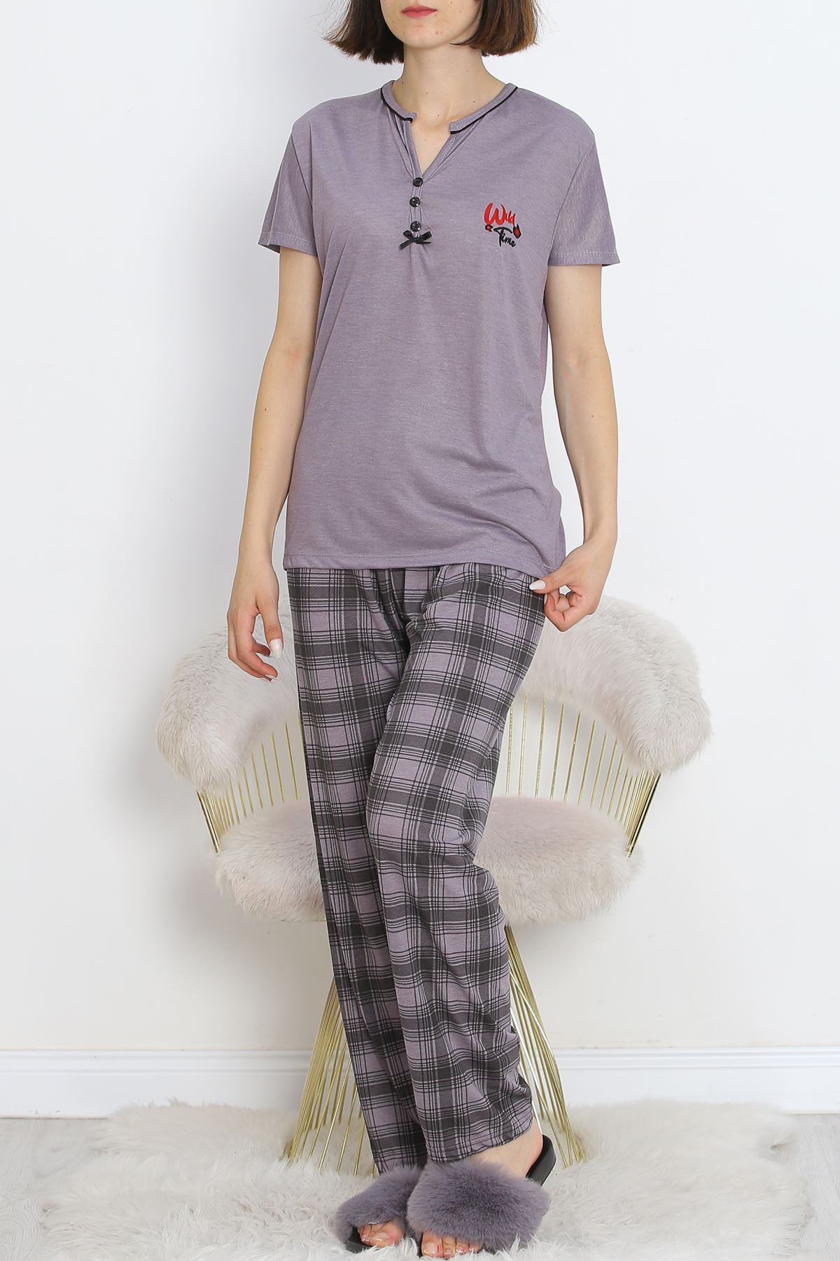 Short Sleeve Pajama Set Mink with Pear Collar and Intermediate Piping - 705.1287.