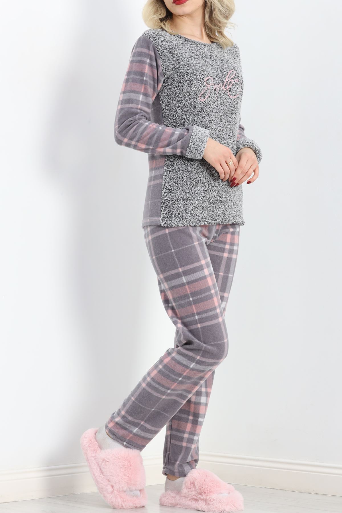 Peluş Polar Pijama Takımı Grikareli - 19178.1050.